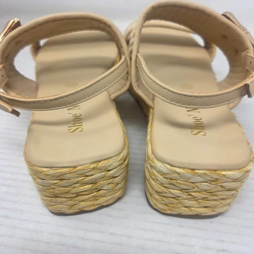 Shoe' N Tale Platform Sandals Women 8.5 Beige Woven Buckle Espadrille Boho 8.5